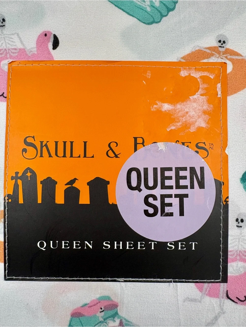 Halloween Skull & Bones Skeleton Pool Party Queen 4-Piece Sheet Set, NEW